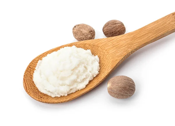 Spoon Shea Butter Nuts White Background — Stock Photo, Image