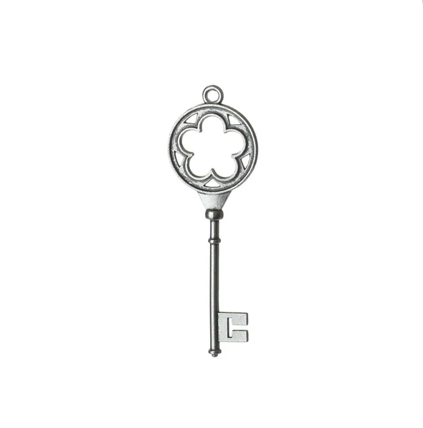 Silver Vintage Ornate Key White Background — Stock Photo, Image