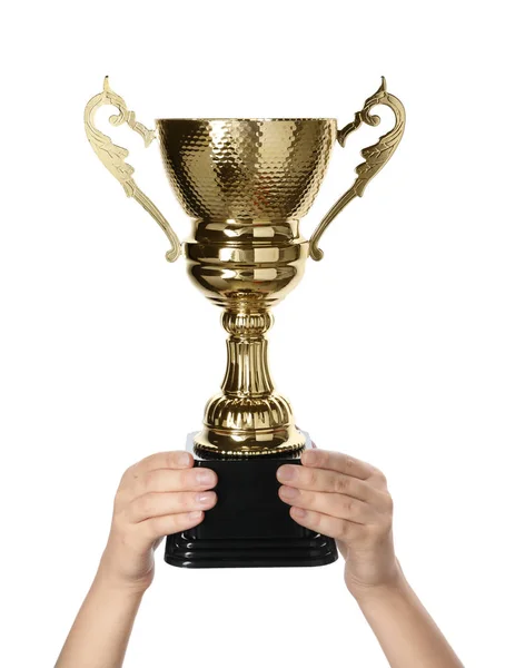 クローズ アップ 白地に金色のカップを保持している女性 勝利概念 — ストック写真