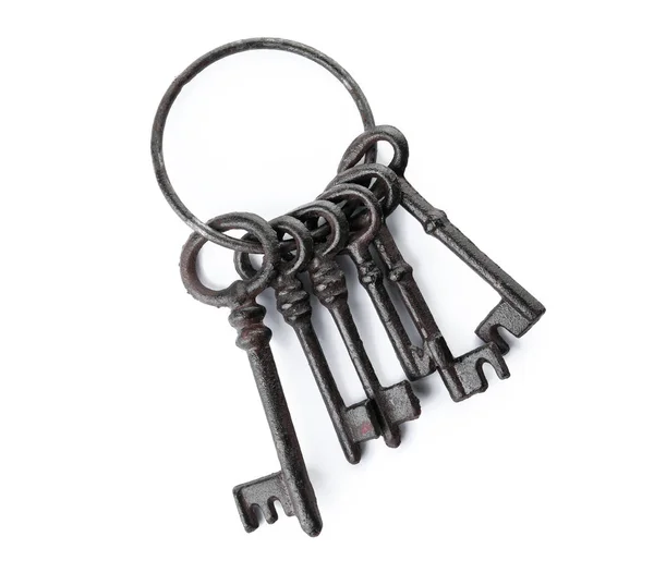 Bunch Vintage Keys White Background Top View — Stock Photo, Image