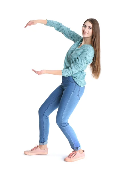 Young Woman Magnet Attracting People White Background — Stock Photo, Image