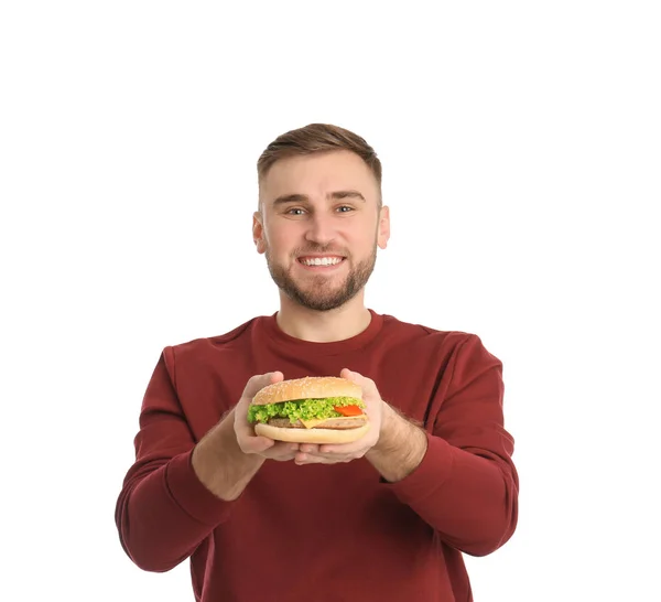 Young Man Tasty Burger White Background — Stock Photo, Image