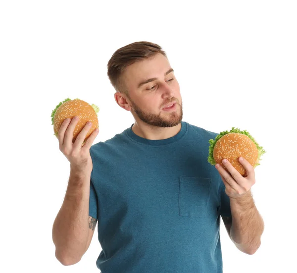 Young Man Tasty Burgers White Background — Stock Photo, Image