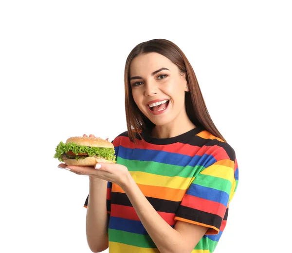 Jeune Femme Avec Hamburger Savoureux Sur Fond Blanc — Photo