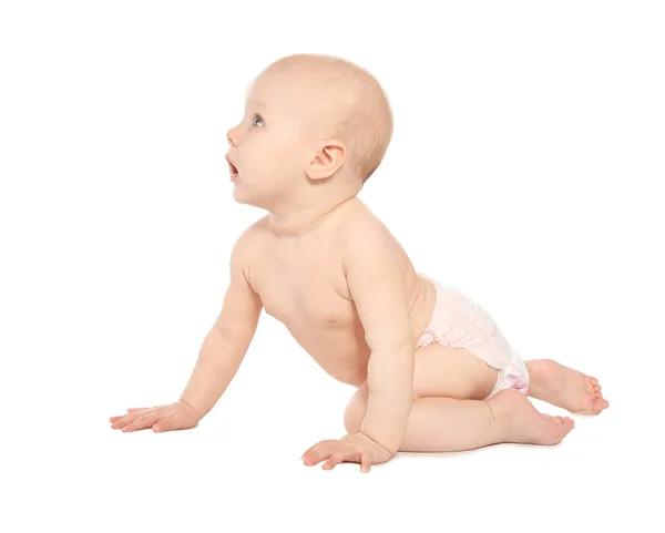 Schattige Kleine Baby Witte Achtergrond Crawlsysteem Tijd — Stockfoto