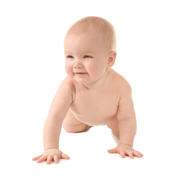 Lindo Bebé Arrastrándose Sobre Fondo Blanco — Foto de Stock