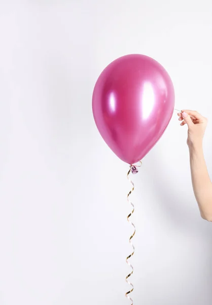Woman Piercing Balloon Needle White Background Closeup — Stock Photo, Image