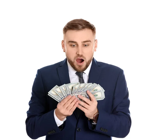 Portrait Young Businessman Holding Money Banknotes White Background — Stock Photo, Image