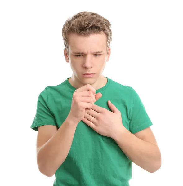 在白色查出的咳嗽的十几岁的男孩 — 图库照片