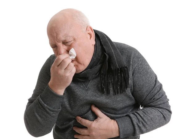 Uomo Anziano Affetto Freddo Sfondo Bianco — Foto Stock