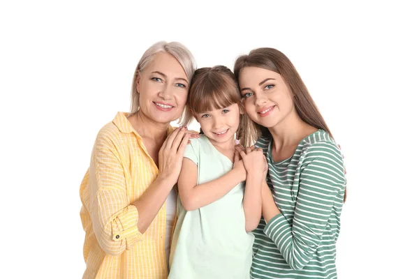 Retrato Bela Mulher Madura Com Filha Neto Fundo Branco — Fotografia de Stock