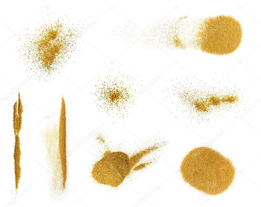 Set of beautiful golden glitter on white background, top view 