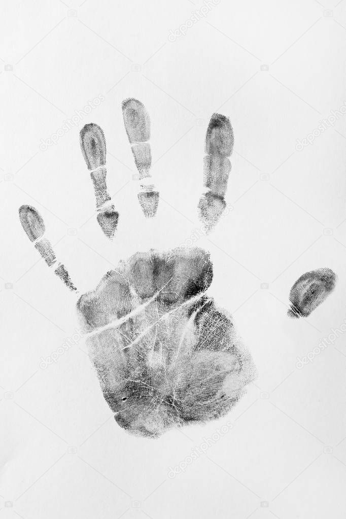 Print of hand and fingers on white background, top view