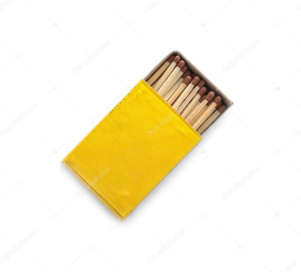 Cardboard box with matches on white background, top view. Space for design