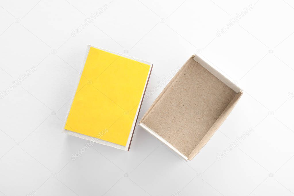 Empty matchbox on white background, top view. Space for design