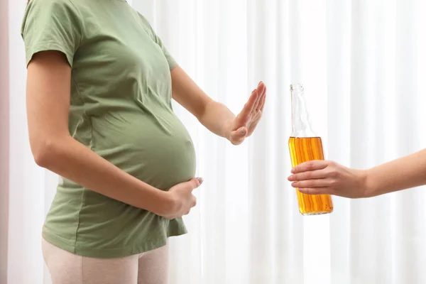 Pregnant Woman Refusing Alcohol Drink Indoors Closeup Bad Habits Pregnancy — Stock Photo, Image