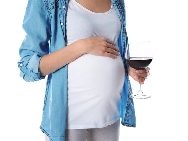 Future Mère Avec Verre Vin Sur Fond Blanc Gros Plan — Photo