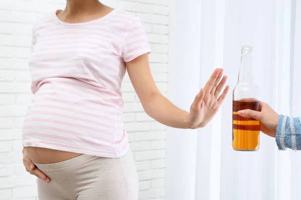 Pregnant Woman Declining Whiskey Indoors Alcohol Harm — Stock Photo, Image
