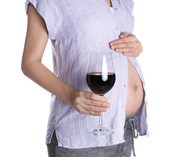 Femme Enceinte Avec Verre Vin Rouge Sur Fond Blanc Addiction — Photo