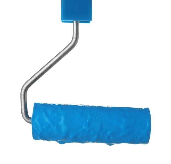 Brosse Rouleaux Avec Peinture Bleue Sur Fond Blanc — Photo