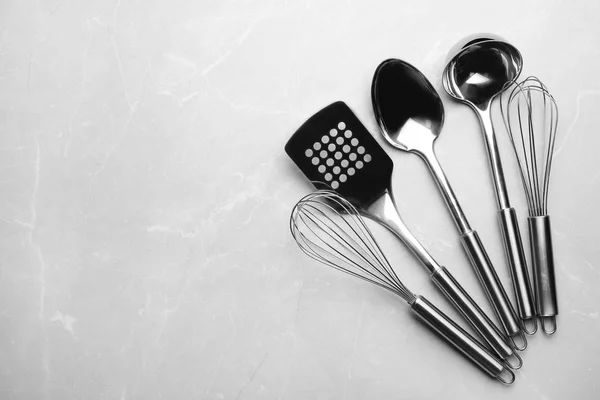 Different Kitchen Utensils Grey Background Top View Space Text — Stock Photo, Image