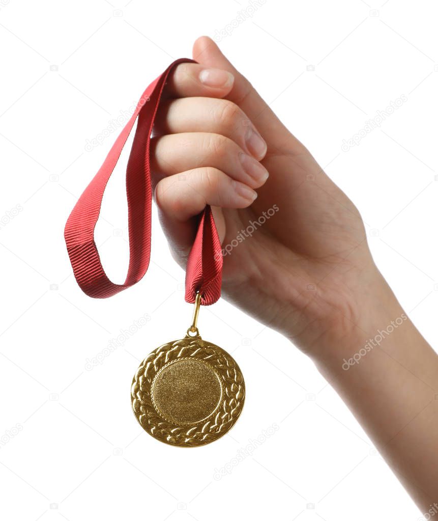 Woman holding gold medal with space for design on white background, closeup. Victory concept