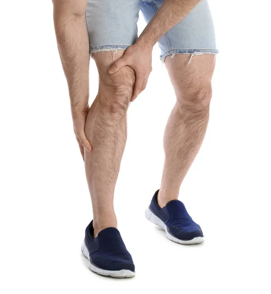 Mladý Muž Trpí Bolestí Nohou Bílém Pozadí Detailní Záběr — Stock fotografie