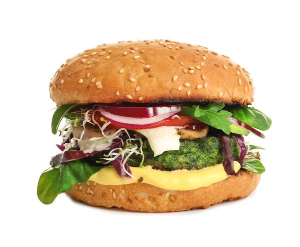 Hambúrguer Vegetariano Saboroso Com Costeleta Espinafre Fundo Branco — Fotografia de Stock