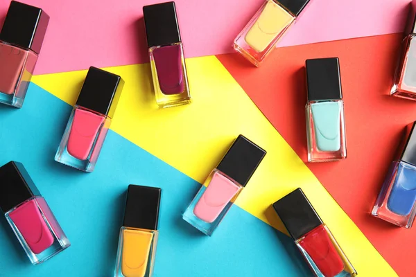 Bottles Nail Polish Color Background Top View — Stock Photo, Image