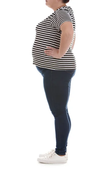 Obézní Žena Bílém Pozadí Closeup Ztráta Hmotnosti — Stock fotografie