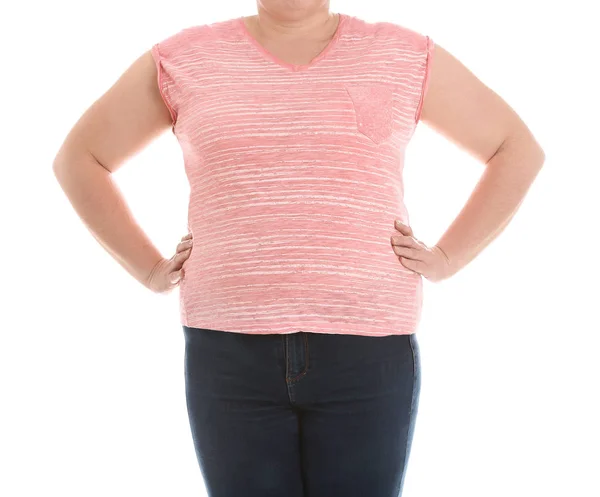 Overweight Woman White Background Closeup Weight Loss — Stock Photo, Image