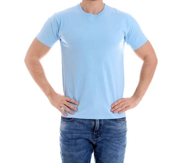 Young Man White Background Closeup Weight Loss — Stock Photo, Image