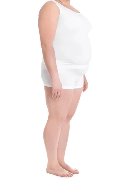 Overweight Woman White Background Closeup Weight Loss — Stock Photo, Image