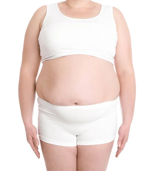 Mujer Con Sobrepeso Sobre Fondo Blanco Primer Plano Pérdida Peso — Foto de Stock