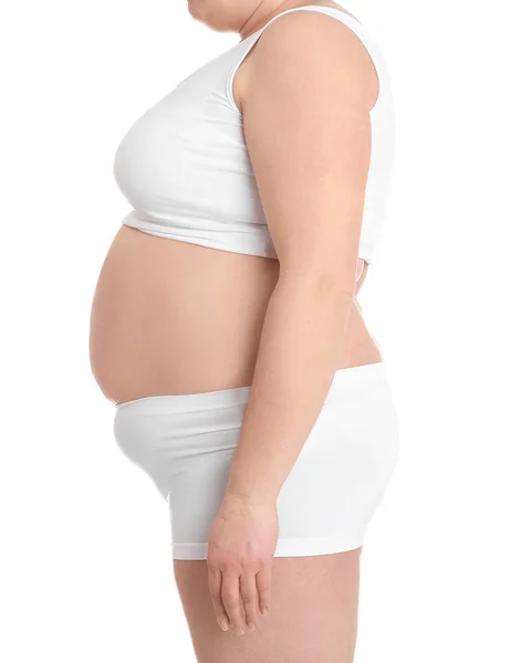 Υπέρβαρη Γυναίκα Άσπρο Φόντο Κινηματογράφηση Πρώτο Πλάνο Απώλεια Βάρους — Φωτογραφία Αρχείου