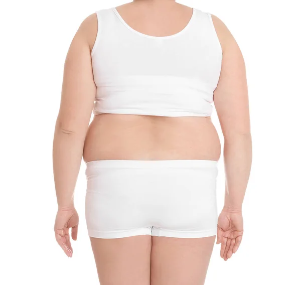 Overweight Woman White Background Closeup Weight Loss — Stock Photo, Image