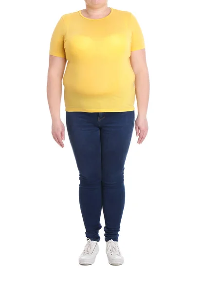 Overweight Woman White Background Closeup Weight Loss — Stock Photo, Image