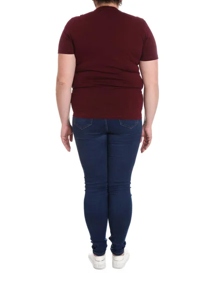 Overweight Woman White Background Closeup Weight Loss — Stock Photo, Image