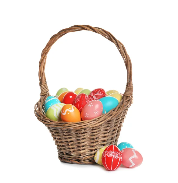 Wicker Basket Painted Easter Eggs White Background — Stock Photo, Image