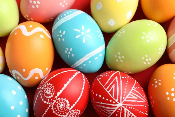Coloridos Huevos Pascua Decorados Como Fondo Vista Superior — Foto de Stock