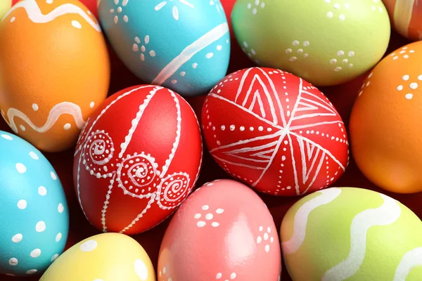Coloridos Huevos Pascua Decorados Como Fondo Vista Superior — Foto de Stock