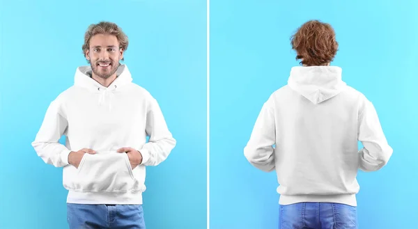 Maglione uomo con cappuccio bianco su sfondo a colori, vista frontale e posteriore. Finto per il desing — Foto Stock