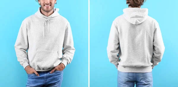 Man in blank hoodie sweater on color background, closeup. Mock up for desing — Stock Photo, Image