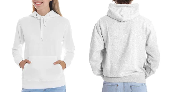 Mensen in lege hoodie truien op witte achtergrond, close-up. Mock up voor design — Stockfoto