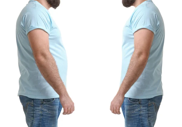 Hombre con sobrepeso antes y después de la pérdida de peso sobre fondo blanco, primer plano — Foto de Stock