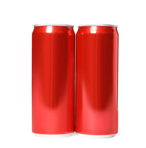 Blank metal red cans on white background. Mock up for design — Stock Photo, Image