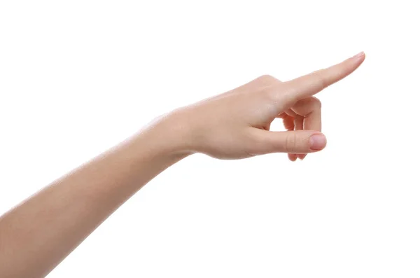 Mujer señalando algo sobre fondo blanco, primer plano de la mano — Foto de Stock