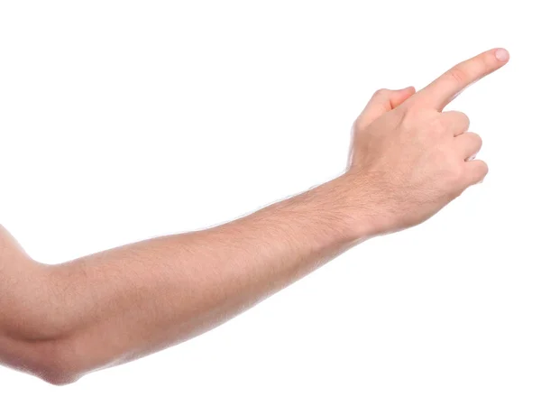 하얀 배경에 무언가를가리키고 있는 사람, 손을 감고 있는 사람 — 스톡 사진