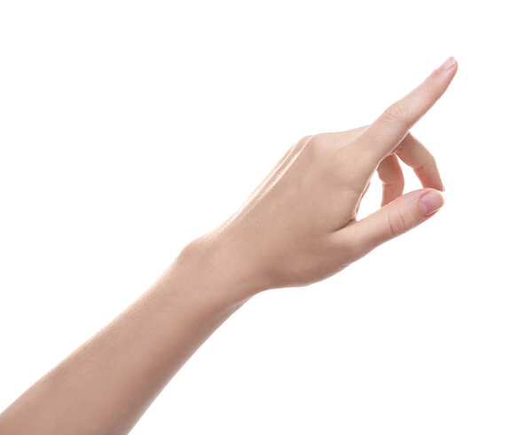 Woman pointing at something on white background, closeup of hand