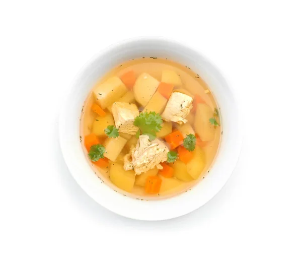 Plato con sopa de pollo casera fresca sobre fondo blanco, vista superior — Foto de Stock